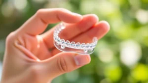 Close-up of clear dental aligners held in hand against blurred natural background, showing transparency and tooth-colored material, professional dental photography style