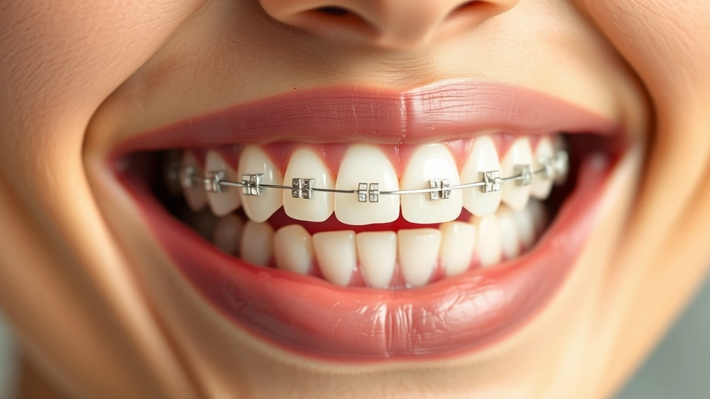 Detailed view of ceramic braces on teeth showing tooth-colored brackets and wire, natural smile expression, soft dental lighting emphasizing aesthetic appearance