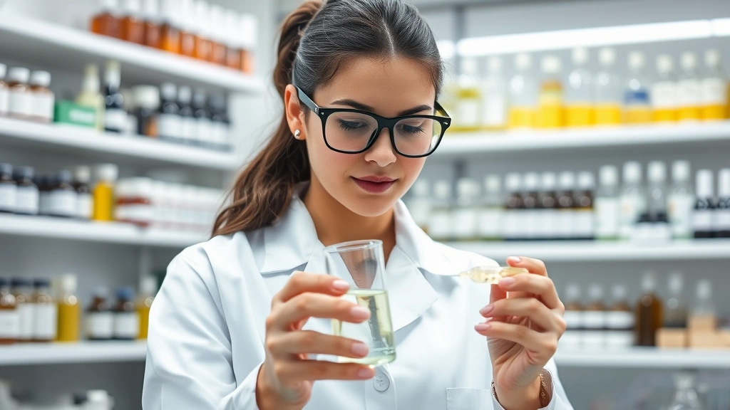 Professional female cosmetic chemist in white lab coat examining clear serum in glass beaker under bright laboratory lighting, with organized shelves of ingredient bottles blurred in background, photorealistic high-quality image