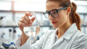 Professional cosmetic chemist in white lab coat examining clear liquid formulation in glass beaker under bright laboratory lighting, modern laboratory with analytical equipment blurred in background