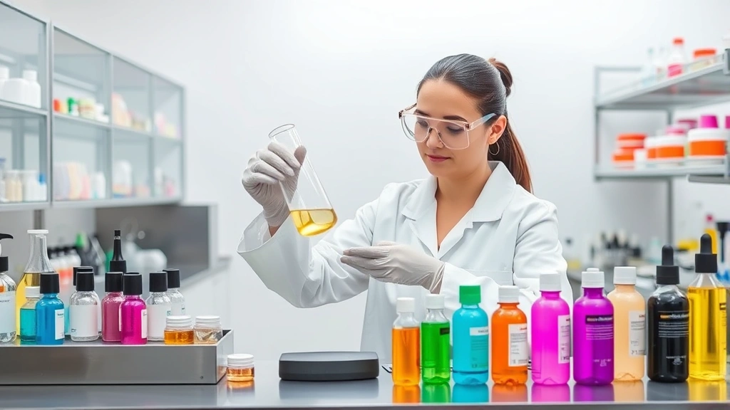 A cosmetic chemist in a modern laboratory wearing safety goggles and lab coat, carefully measuring liquid ingredients into a glass beaker with precise measuring tools, surrounded by colorful cosmetic samples and formulation bottles on stainless steel benches, professional laboratory setting with clean white background
