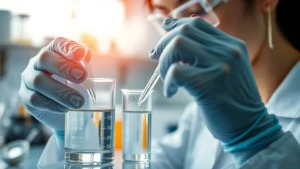 Close-up of a cosmetic chemist in a laboratory wearing protective gloves, carefully measuring and mixing translucent skincare formulations in glass beakers under bright laboratory lighting, with blurred cosmetic ingredients and scientific equipment in the background