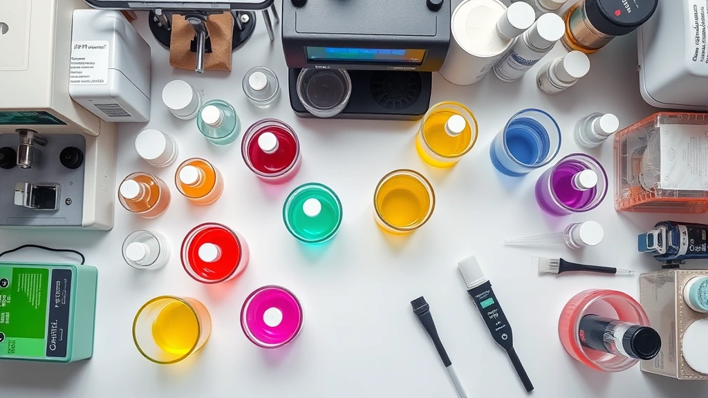 Overhead view of cosmetic chemistry laboratory workspace with multiple glass containers of colorful skincare formulations, pipettes, pH meter, and texture analyzer equipment, organized and clean scientific setting
