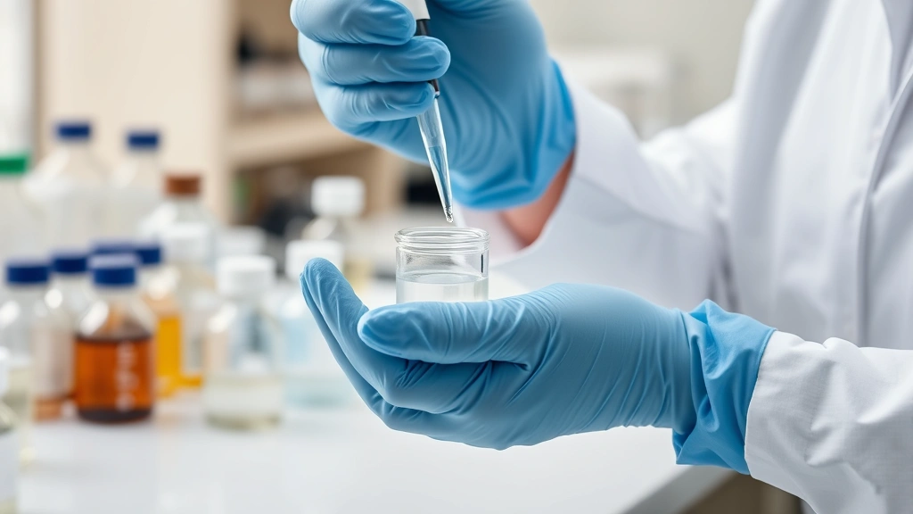 Close-up of hands in latex gloves carefully measuring cosmetic ingredients with precision pipette into small glass containers, laboratory workbench with organized bottles and beakers visible