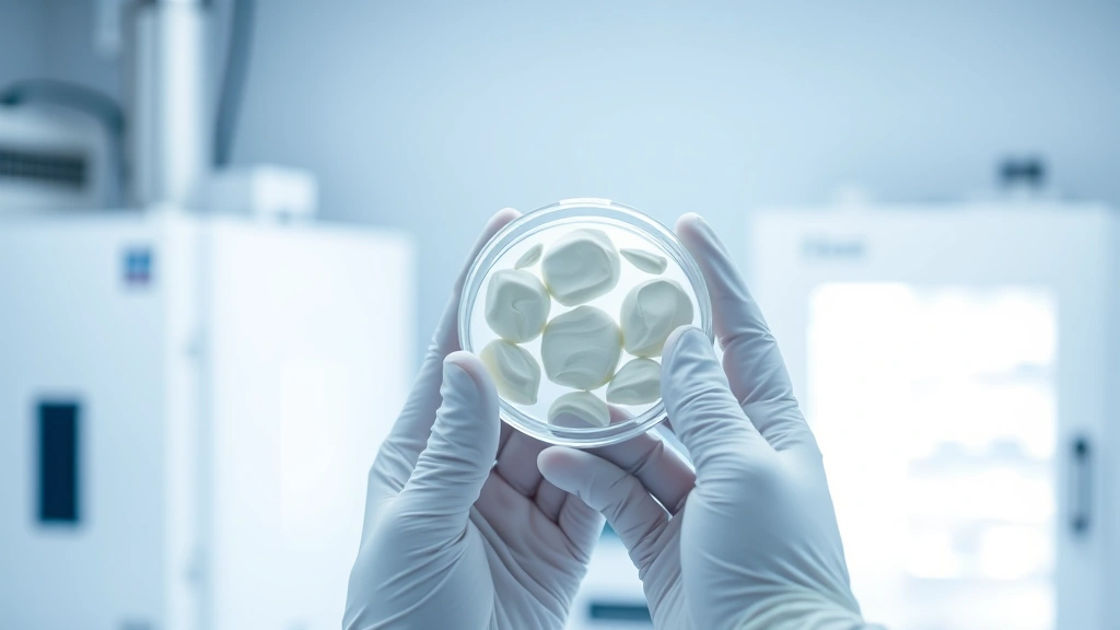 Close-up of hands performing quality control testing on cosmetic products, holding a petri dish with cream texture samples under bright laboratory lighting, with scientific testing equipment and stability testing chambers visible in soft focus background