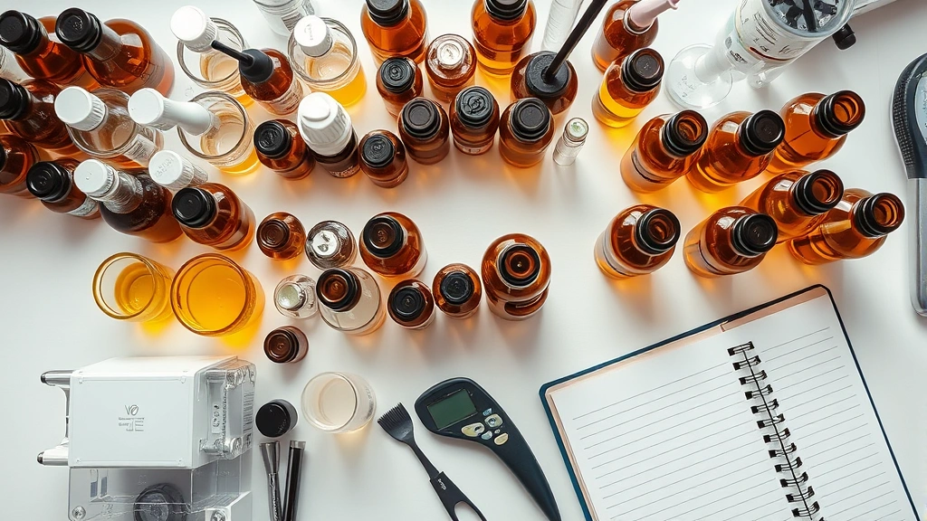 Top-down view of a professional laboratory workstation showing organized rows of cosmetic raw materials in amber bottles, precision measuring equipment, pH meters, and a notebook with formulation notes, representing the meticulous nature of cosmetic chemistry work