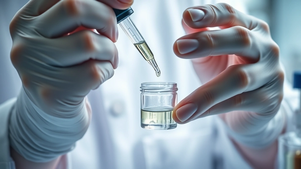 Close-up of cosmetic chemist's hands carefully measuring liquid ingredients with precision pipette into small glass vial, demonstrating careful formulation work, professional laboratory environment with soft natural lighting