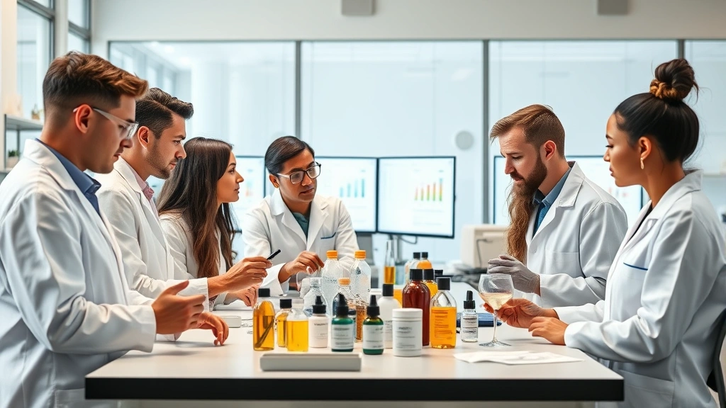 A diverse team of cosmetic chemists collaborating around a laboratory bench, examining product formulations and discussing results, with charts and ingredient lists visible on computer screens in the background, modern research facility environment