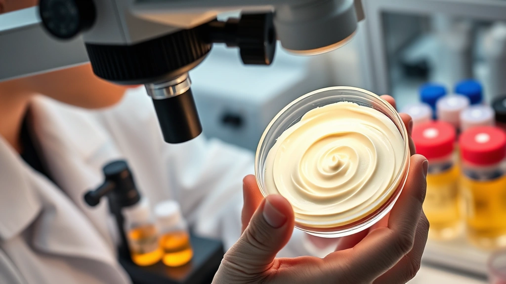 A cosmetic chemist examining a creamy skincare product texture in a petri dish under magnification, with stability testing equipment and formulation samples visible, demonstrating quality assurance testing procedures in cosmetic chemistry