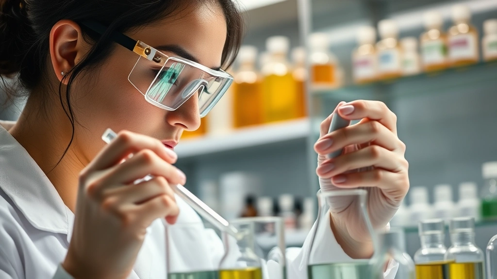 Close-up of a cosmetic chemist in a modern laboratory, wearing safety glasses and a white coat, carefully measuring and mixing skincare ingredients in glass beakers under professional lighting, with organized bottles of active ingredients like retinol and hyaluronic acid visible on shelves behind them