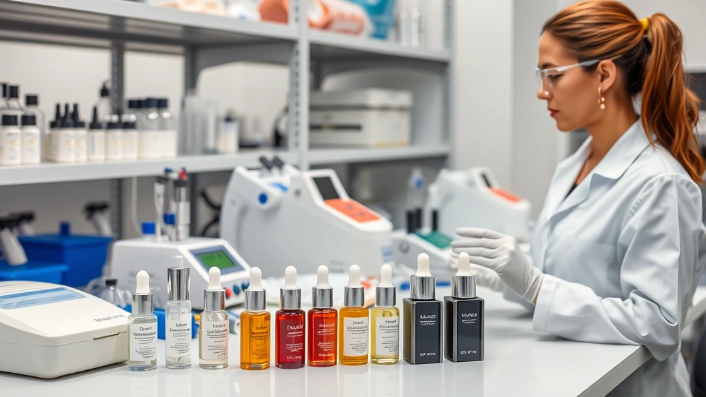 Professional beauty laboratory workspace showing a cosmetic chemist testing product formulations, with stability testing equipment, pH meters, and samples of serums and moisturizers in various stages of development on the workbench