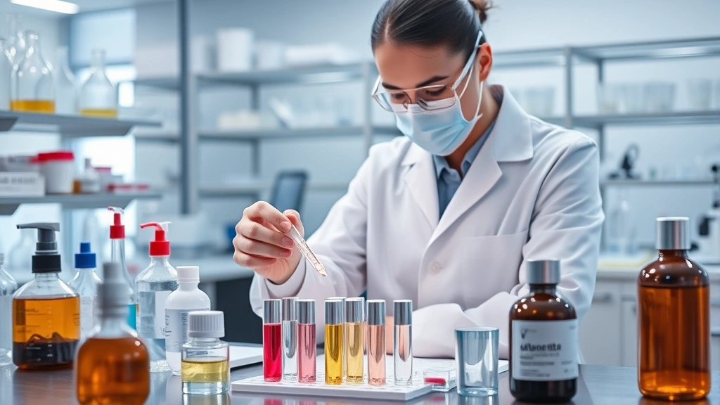 Cosmetic chemist in a high-end research facility examining skincare product samples in test tubes and containers, surrounded by ingredient reference materials and formulation documentation, representing the precision and expertise required in the field