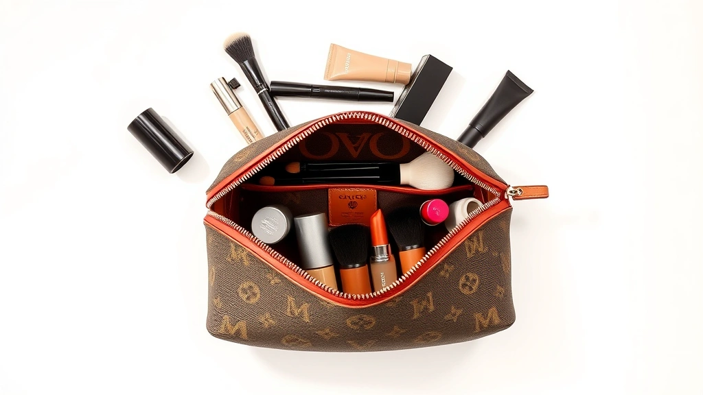 Flat lay of luxury Coach cosmetic bag in signature monogram canvas, displayed open showing organized interior compartments with makeup brushes, lipsticks, and skincare bottles neatly arranged, soft natural lighting, professional product photography style