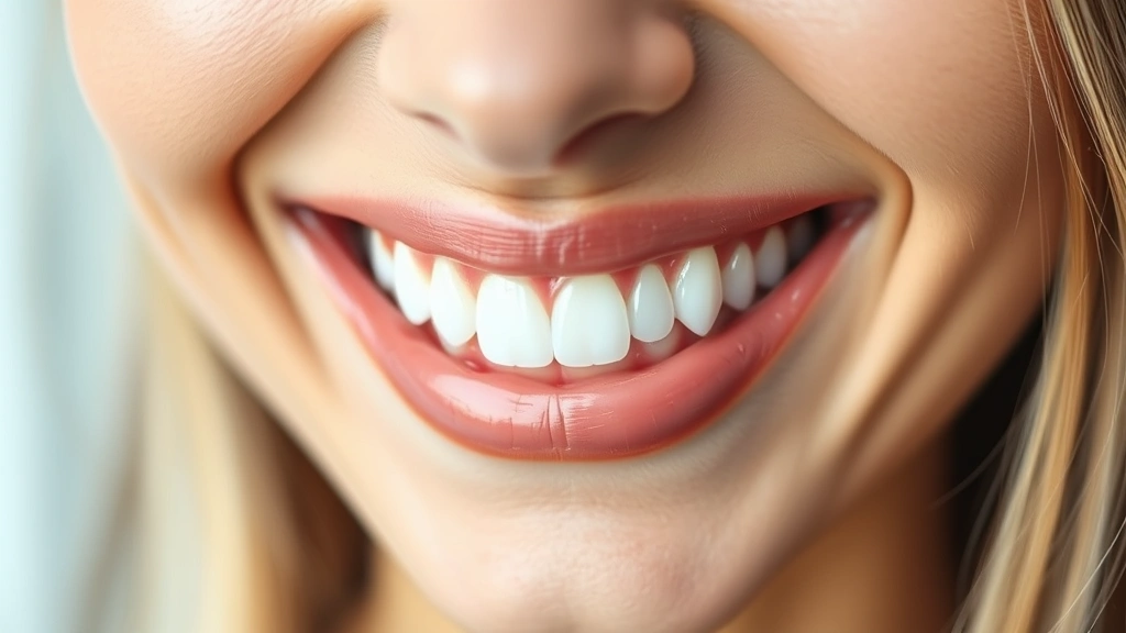 Close-up of a woman's bright white smile showing perfectly aligned porcelain veneers with natural translucency and subtle tooth texture, professional dental photography lighting, soft focus background.