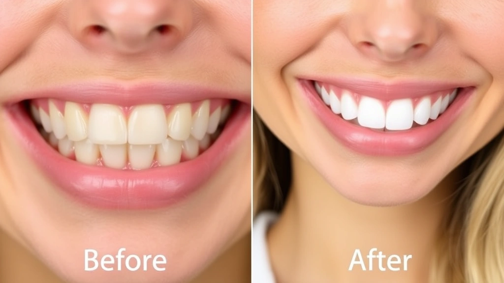Before and after split-screen comparison showing cosmetic dental transformation: left side shows misaligned yellowed teeth, right side displays perfectly aligned bright white smile with natural appearance.