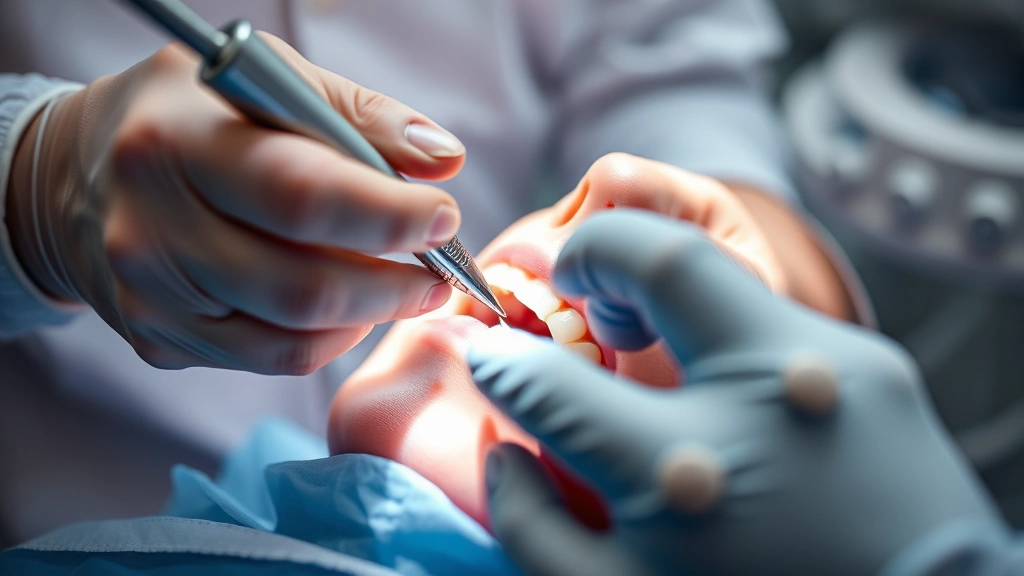 Dentist's hands performing precise cosmetic dental work with modern equipment, showing professional technique and precision, sterile clinical environment, shallow depth of field focusing on procedure area.