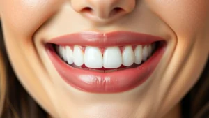 Close-up of a woman's bright white smile with perfectly shaped porcelain veneers, natural lighting highlighting tooth translucency and shine, professional dental photography style