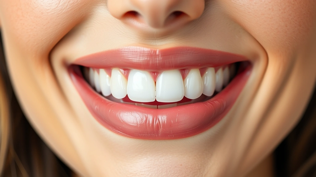 Close-up of a woman's bright white smile with perfectly shaped porcelain veneers, natural lighting highlighting tooth translucency and shine, professional dental photography style