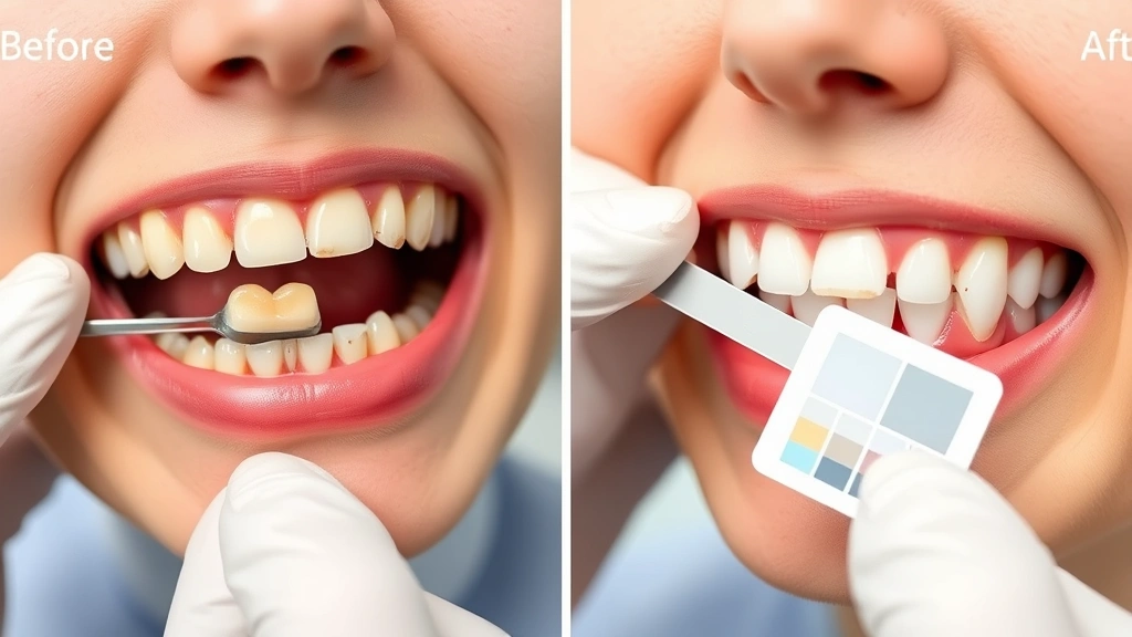 Before and after dental transformation showing tooth preparation process and final veneer results, dentist's hands holding shade guide near patient's teeth, clinical setting