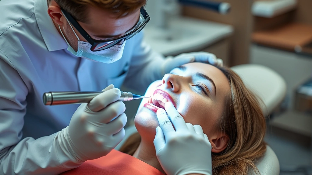 Patient in dental chair receiving veneer bonding procedure, dentist using curing light on front teeth, protective eyewear visible, modern dental office environment