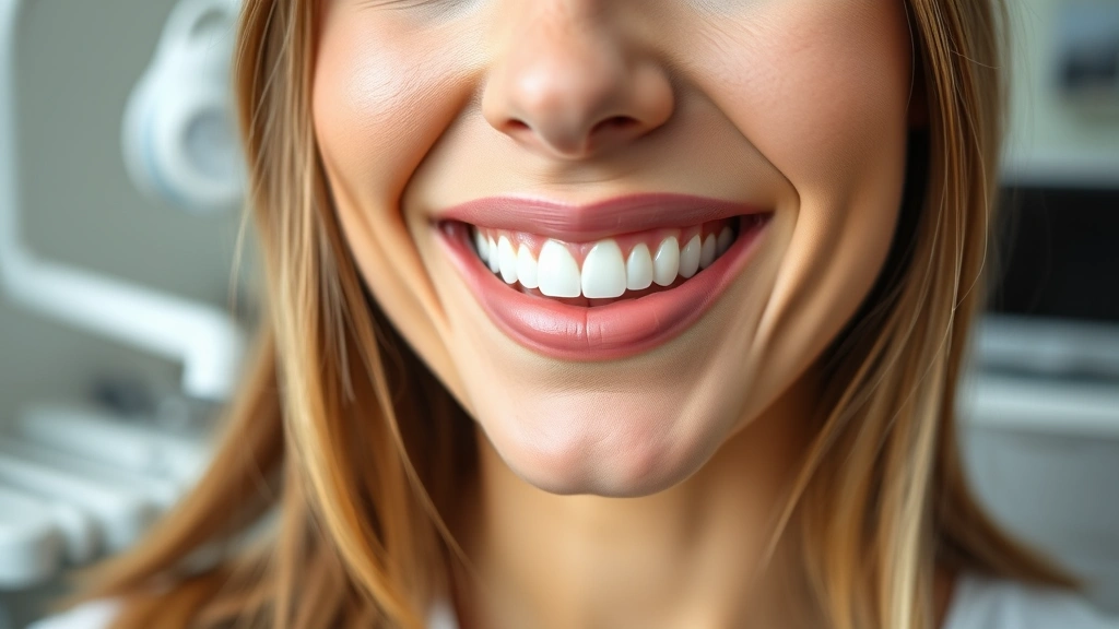 Close-up professional dental headshot of a woman smiling confidently with perfectly white, aligned teeth and healthy gums, natural lighting, dental office background, showcasing cosmetic dental results