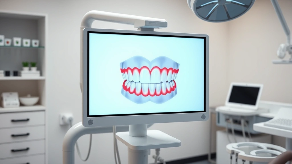 Digital smile design mockup displayed on modern computer screen in professional dental office, showing before and after tooth whitening and veneer placement, high-tech cosmetic dentistry technology