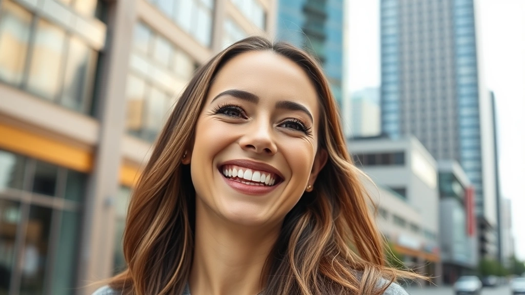 Beautiful woman in Seattle urban setting smiling radiantly outdoors, natural daylight, demonstrating the confidence and self-esteem boost from professional cosmetic dental work, modern city background