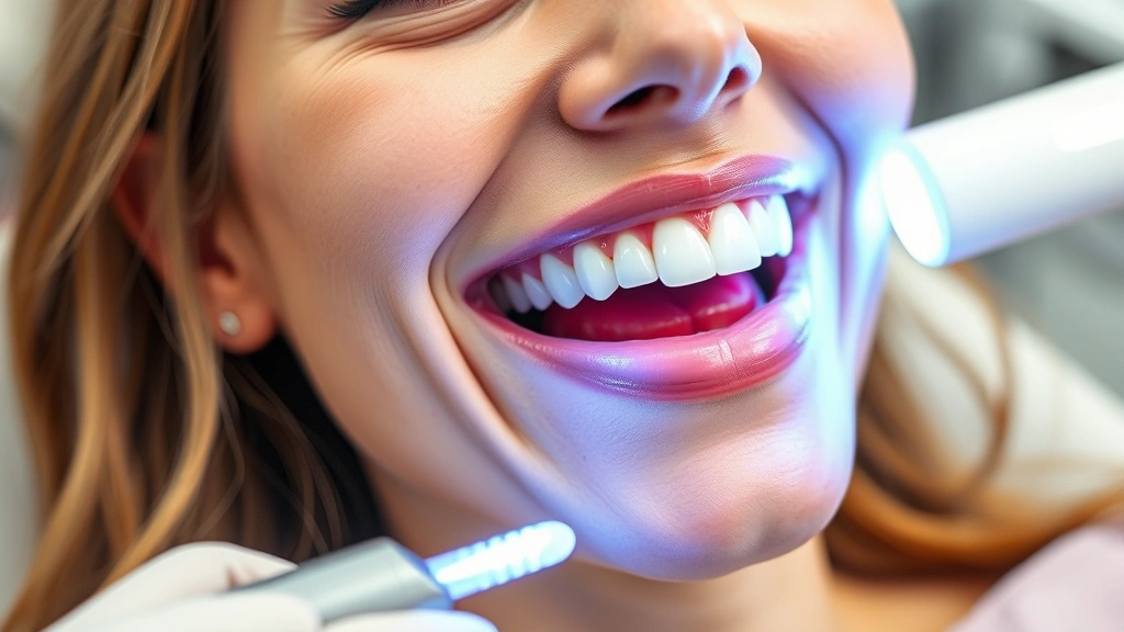 Close-up of professional teeth whitening treatment in dental office, patient in chair with whitening gel and LED light, bright smile with white teeth