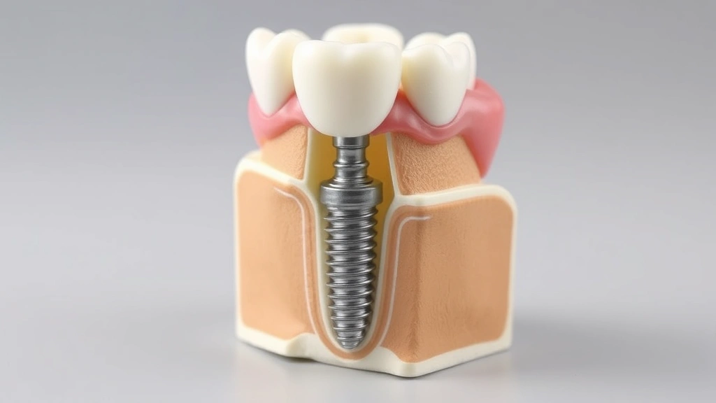 Dental implant model showing titanium post, abutment, and crown components, detailed cross-section of complete implant structure in jaw bone
