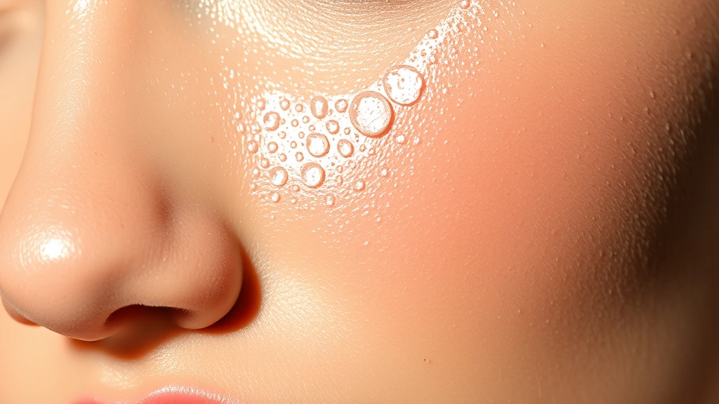 Close-up of dewy, glowing skin with water droplets, showcasing hydration and luminosity from essence application, natural lighting, diverse skin tone