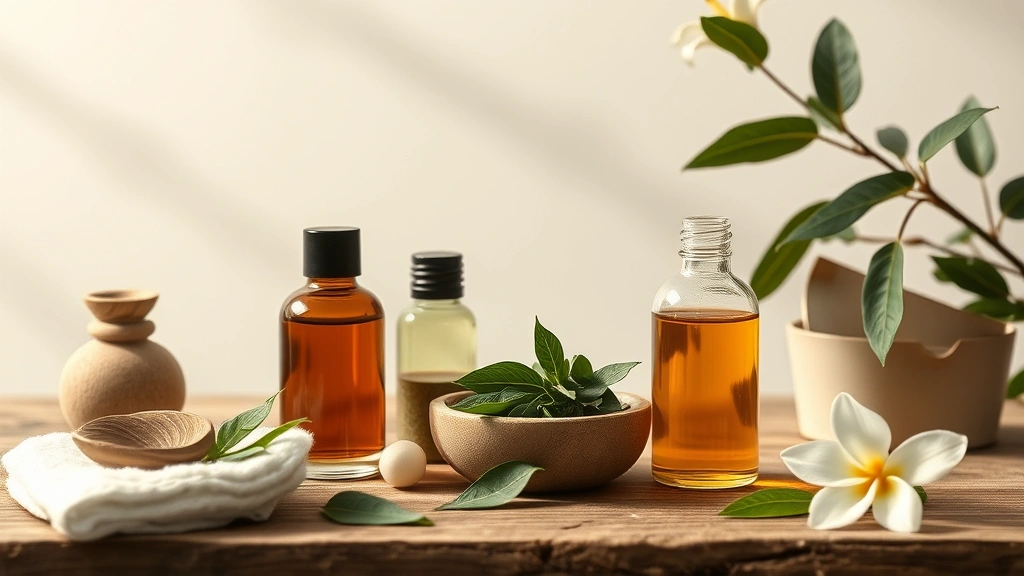 Serene spa setting with essence bottles, botanical ingredients like green tea leaves and centella asiatica plants, soft diffused lighting, minimalist composition