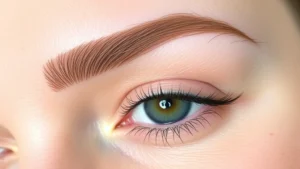 Close-up of fresh microbladed eyebrows showing individual hair strokes on fair skin with natural lighting, demonstrating feathered technique precision and color saturation immediately after procedure completion
