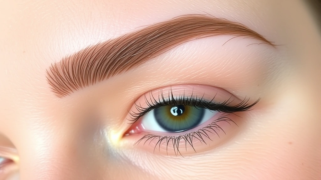 Close-up of fresh microbladed eyebrows showing individual hair strokes on fair skin with natural lighting, demonstrating feathered technique precision and color saturation immediately after procedure completion
