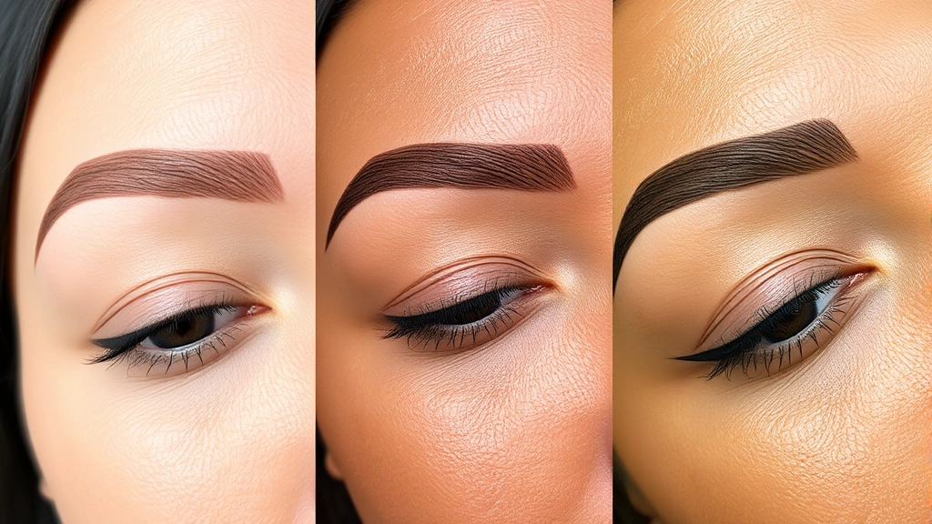 Healed cosmetic eyebrow tattoo results on diverse skin tone showing powder ombre gradient effect from light front to darker tail, demonstrating final color and shape after complete healing cycle