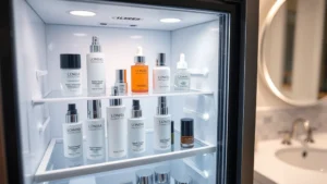 Close-up of a sleek, modern cosmetic fridge with transparent glass door displaying organized skincare bottles, serums, and creams on white shelves, soft LED lighting inside, bathroom vanity background, professional product photography style