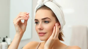 Woman wearing soft terry cloth cosmetic headband while applying hydrating face serum, focused on proper positioning and comfort, professional bathroom setting with skincare products visible