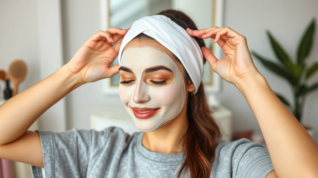 Beauty enthusiast using wide cosmetic headband during sheet mask application, demonstrating secure hold and hair management, spa-like home environment with skincare routine setup