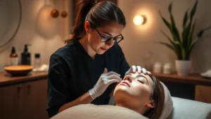 Professional esthetician performing facial treatment on client in modern spa setting with soft lighting, showcasing skincare expertise and client care