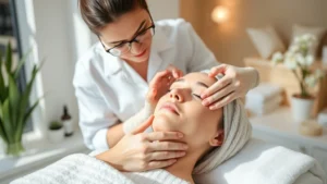 Professional esthetician performing a facial treatment on a client in a clean, bright spa environment, showing proper hand technique and skincare product application, natural lighting