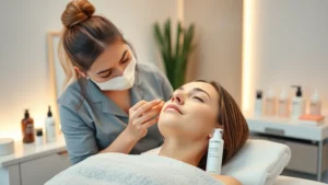 Professional esthetician performing facial treatment on client with steamer and skincare products visible, clean modern spa environment with soft lighting