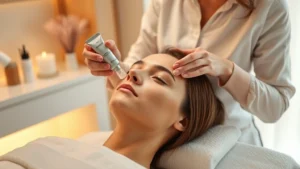 Professional esthetician performing facial treatment on client in modern spa setting, hands applying skincare product to face, warm lighting, clean professional environment