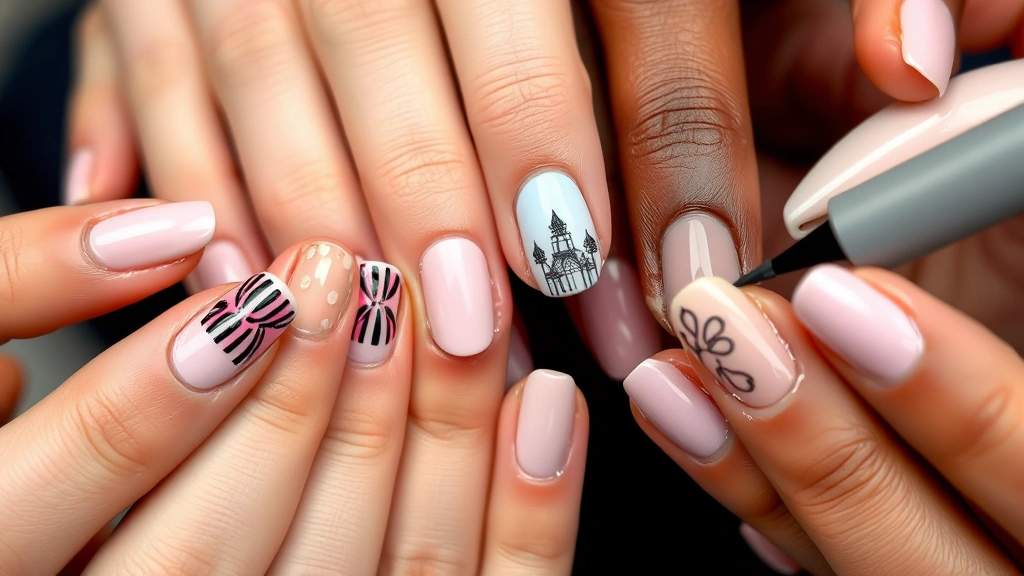 Close-up of diverse hands demonstrating nail art techniques on practice nail tips, highlighting nail technician skills and artistic precision