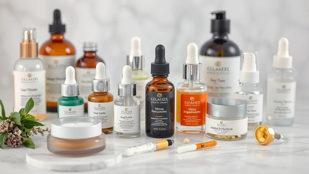 Close-up of various skincare ingredients and products on a white marble surface, including serums, creams, and professional-grade bottles, arranged neatly with soft focus background