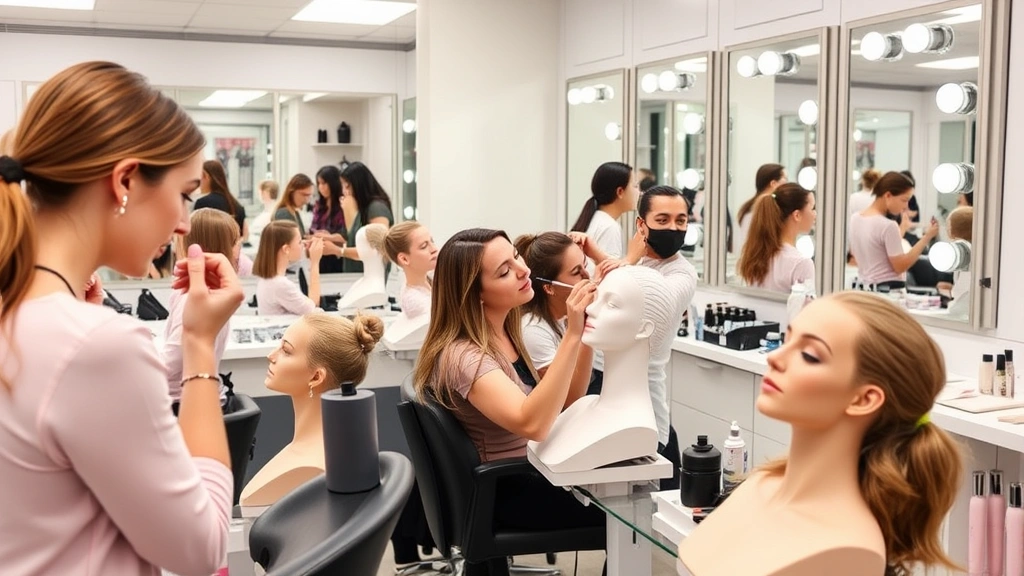 Beauty school classroom with students practicing makeup application and skincare techniques on mannequins, professional training environment with mirrors and organized supplies