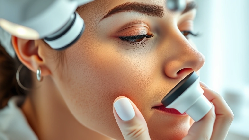 Close-up of esthetician analyzing client's skin texture and tone, magnifying lamp visible, professional consultation in luxury skincare clinic, natural daylight