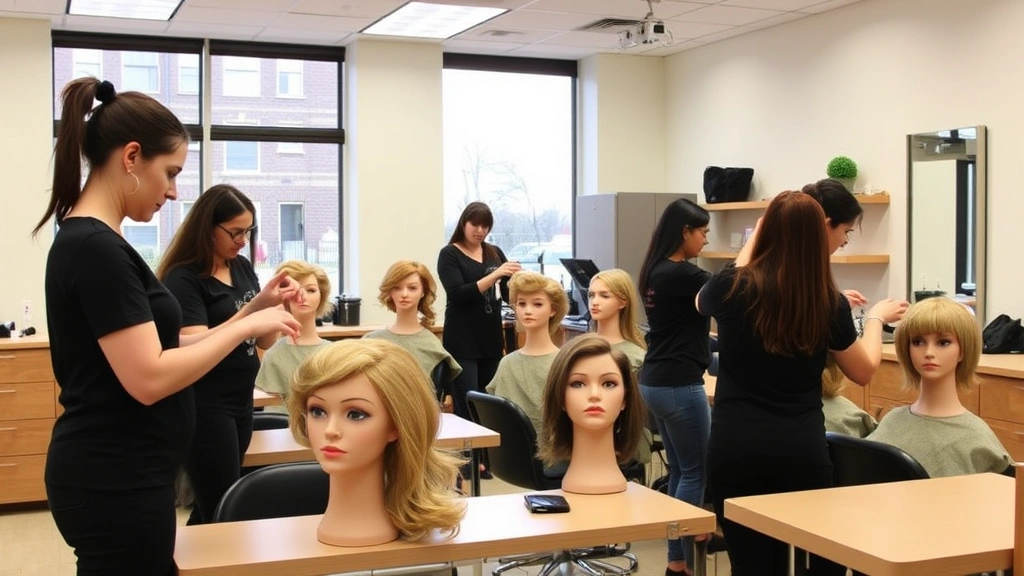 Beauty school classroom with licensed instructors teaching cosmetology students practical techniques on mannequin heads and practice models