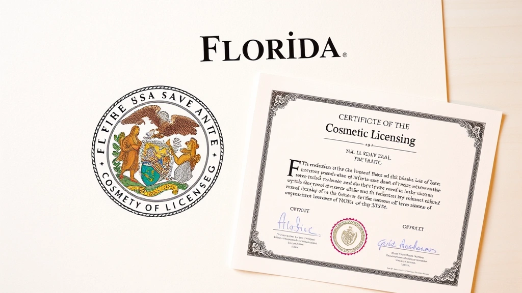 Florida state seal and official documents related to cosmetic licensing, professional credentials displayed, warm neutral tones, professional business aesthetic