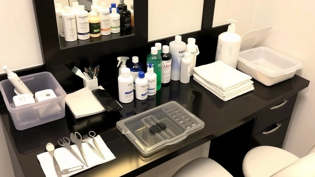 Organized salon workstation with sterilized tools, professional skincare products, clean linens, and sanitation containers following Florida health standards