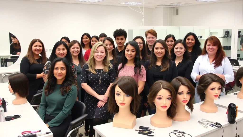 Diverse group of beauty professionals in cosmetology school classroom with practice stations, mannequin heads with styling tools, educational training environment