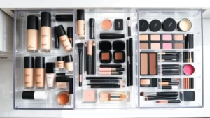 Overhead flat lay of organized makeup products in clear acrylic drawer dividers, featuring foundations, concealers, eyeshadows, and brushes neatly arranged by category and color gradient, natural window lighting, minimalist white vanity surface